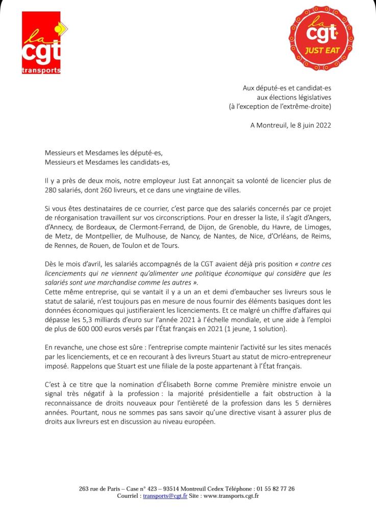 Courrier de la CGT aux candidats aux élections législatives sur le PSE chez Just Eat